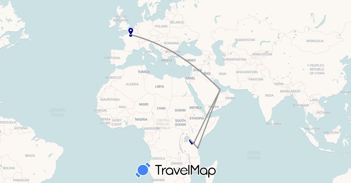TravelMap itinerary: driving, plane, boat in France, Qatar, Tanzania (Africa, Asia, Europe)